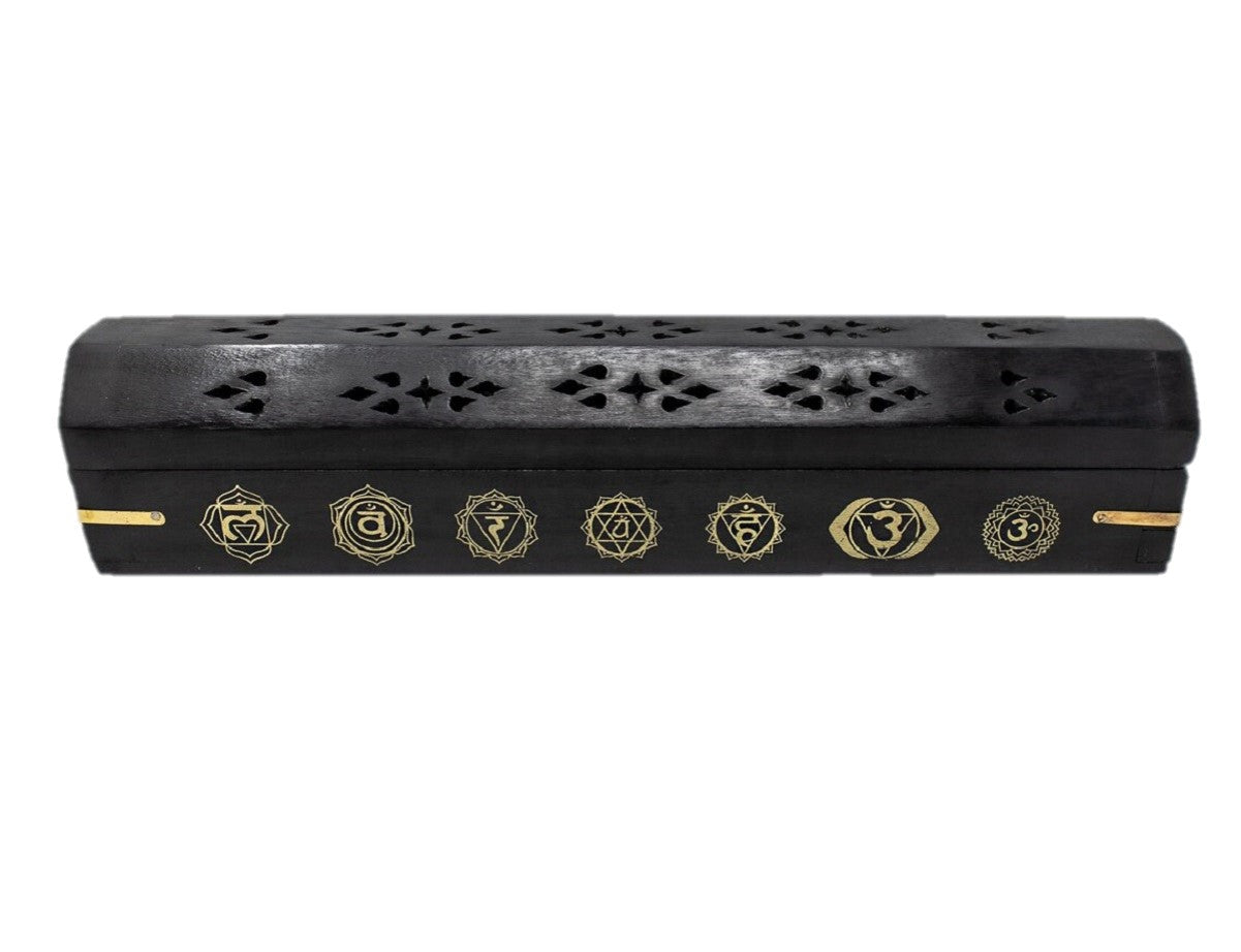 Cone Incense burner wooden Box ~ Chakra Design Ash Catch