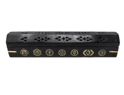 Cone Incense burner wooden Box ~ Chakra Design Ash Catch