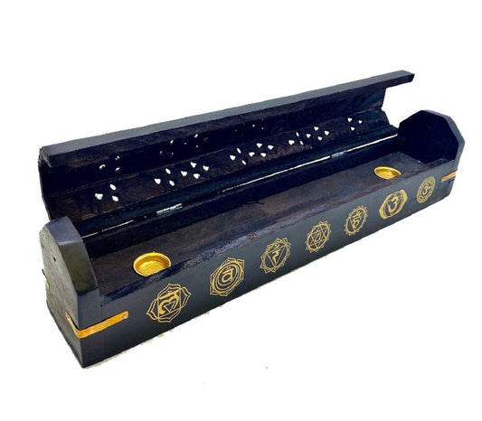 Cone Incense burner wooden Box ~ Chakra Design Ash Catch