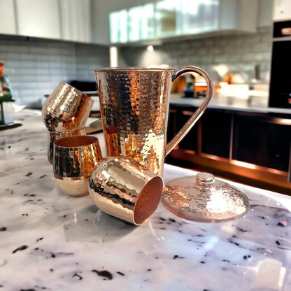 Copper Pitcher & Four Tumblers, Hammered and Shiny Penny Bright