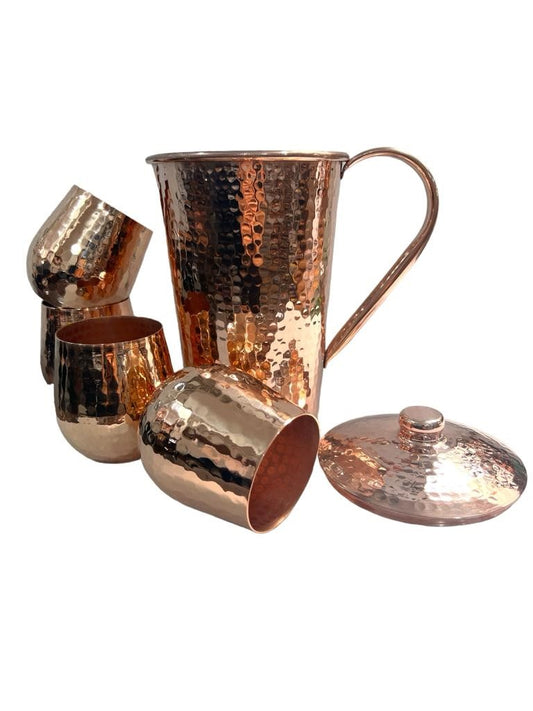 Copper Pitcher & Four Tumblers, Hammered and Shiny Penny Bright