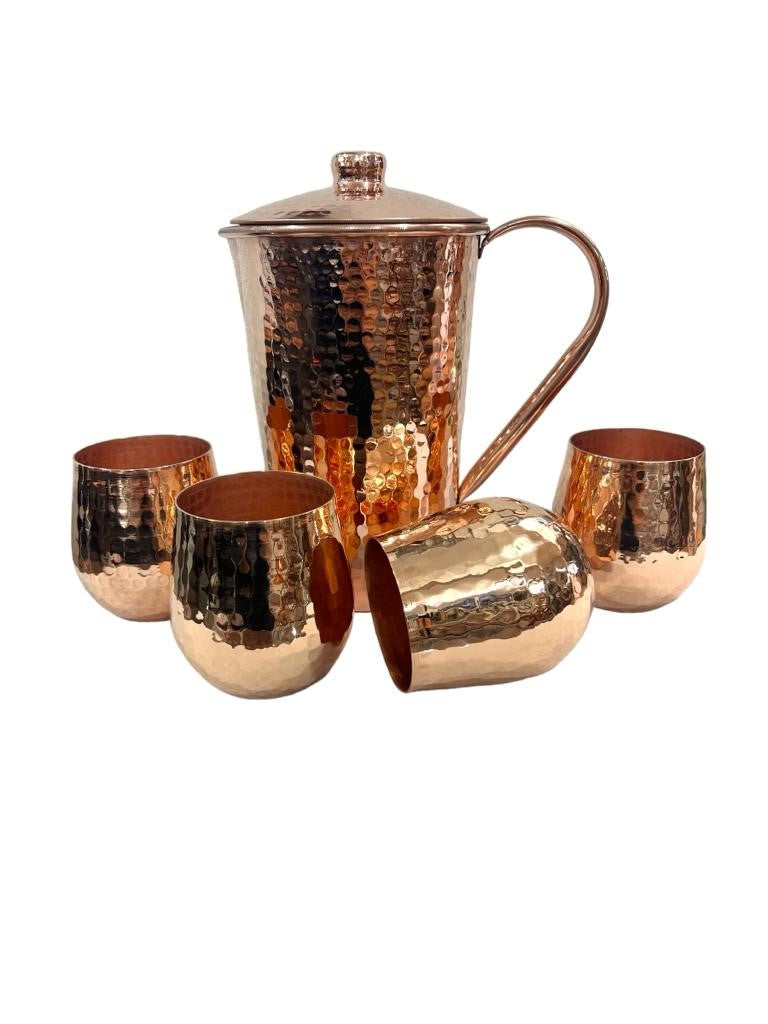 Copper Pitcher & Four Tumblers, Hammered and Shiny Penny Bright