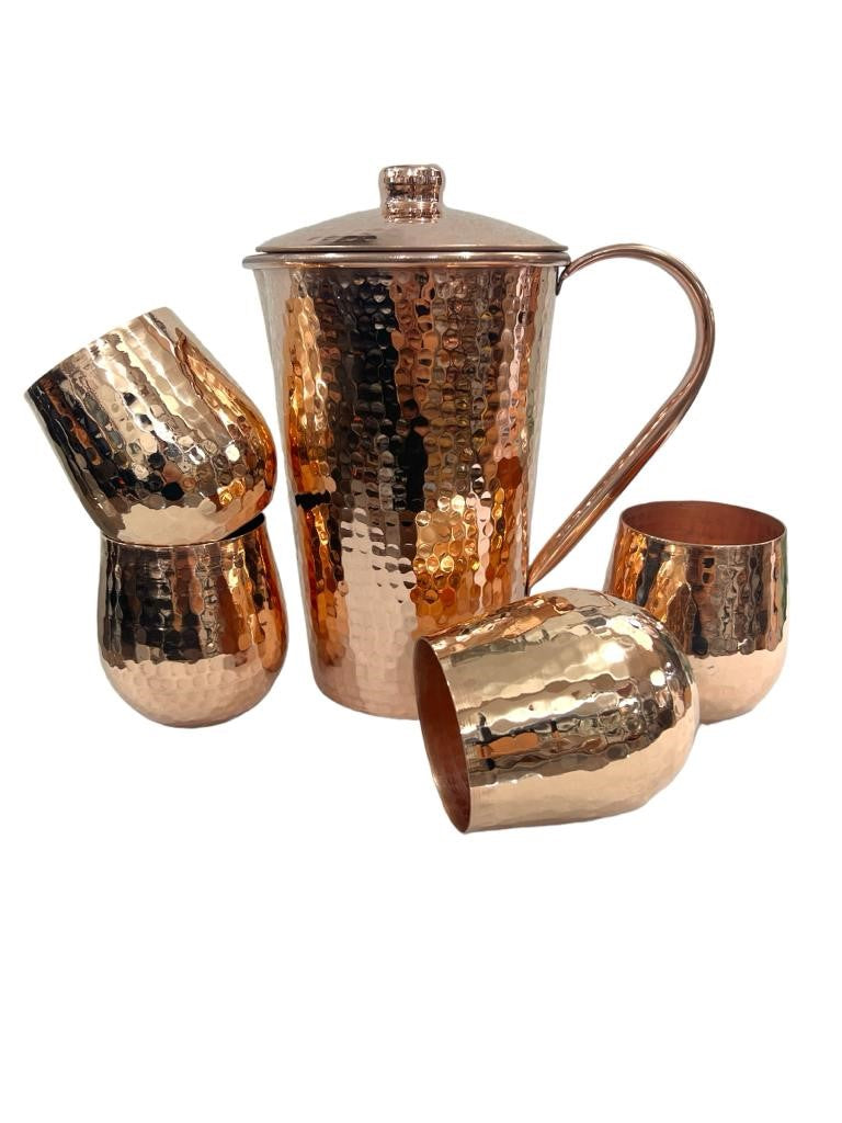 Copper Pitcher & Four Tumblers, Hammered and Shiny Penny Bright