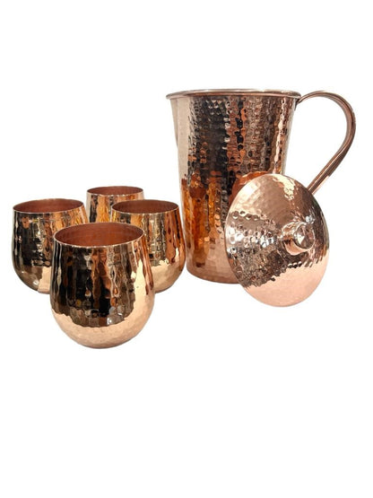 Copper Pitcher & Four Tumblers, Hammered and Shiny Penny Bright