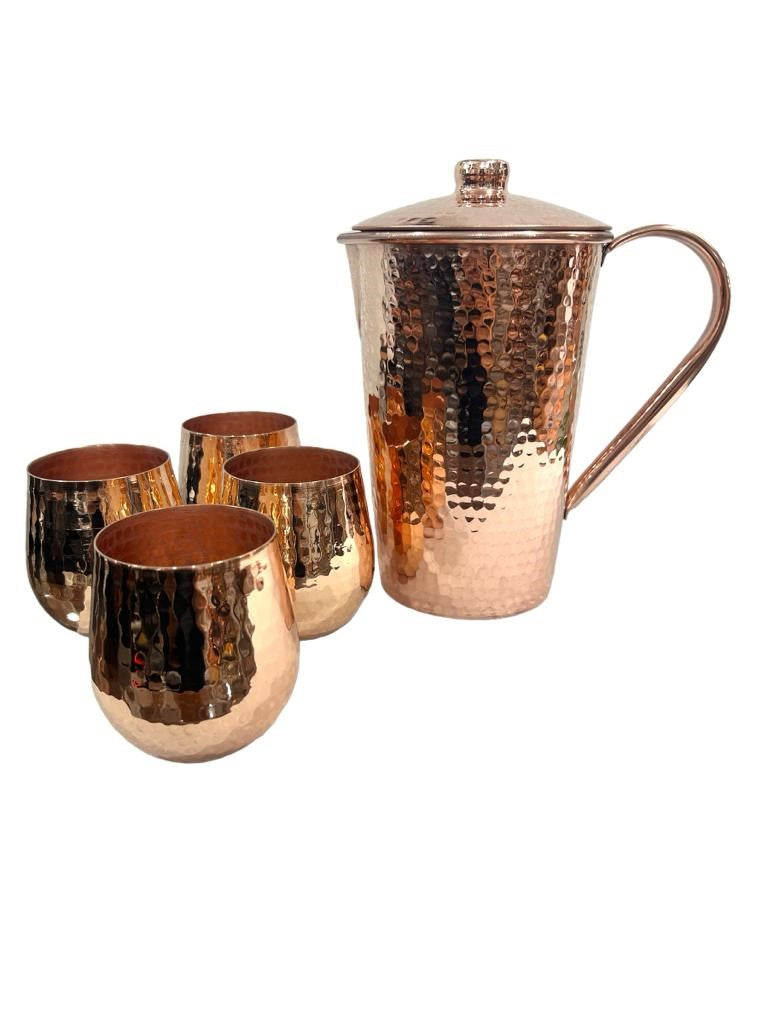 Copper Pitcher & Four Tumblers, Hammered and Shiny Penny Bright